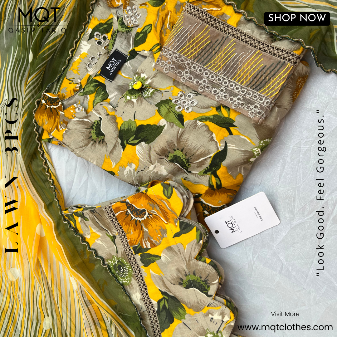 Yellow Printed Chikankari 3-PIECE- LAWN STITCHED SUIT