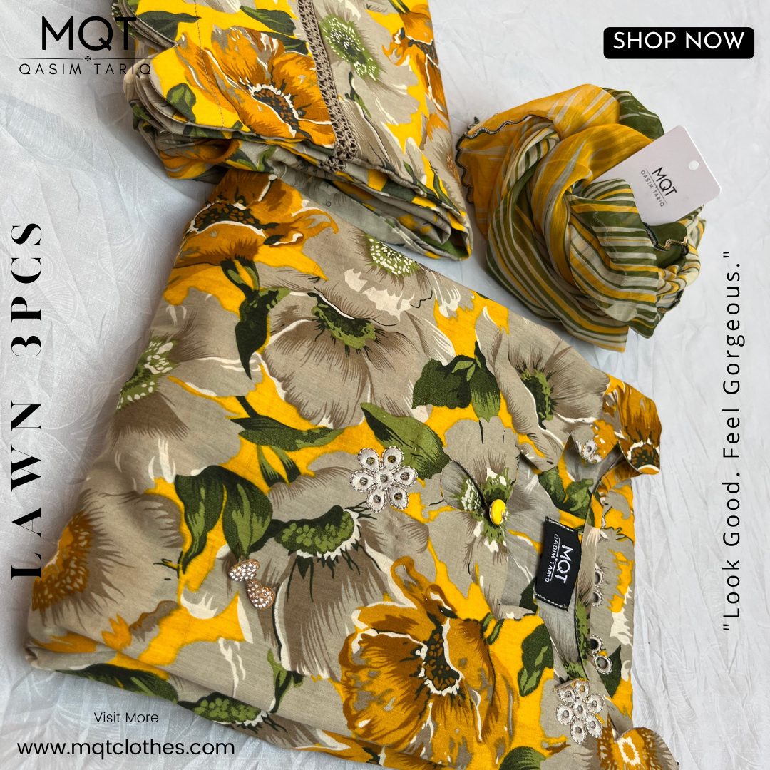 Yellow Printed Chikankari 3-PIECE- LAWN STITCHED SUIT