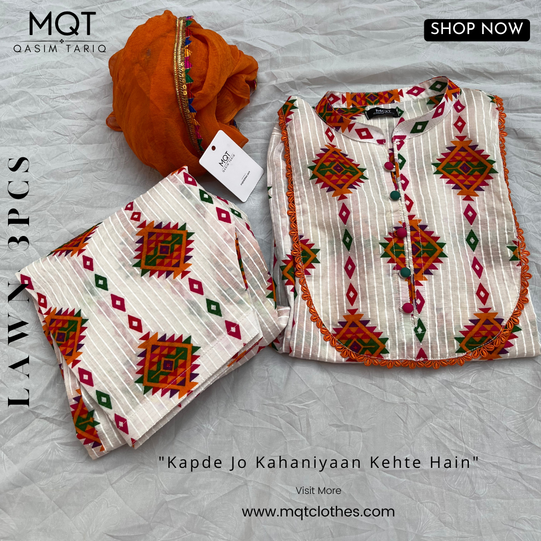 White Sindhi With Patiala Salwar 3-PIECE- LAWN STITCHED SUIT