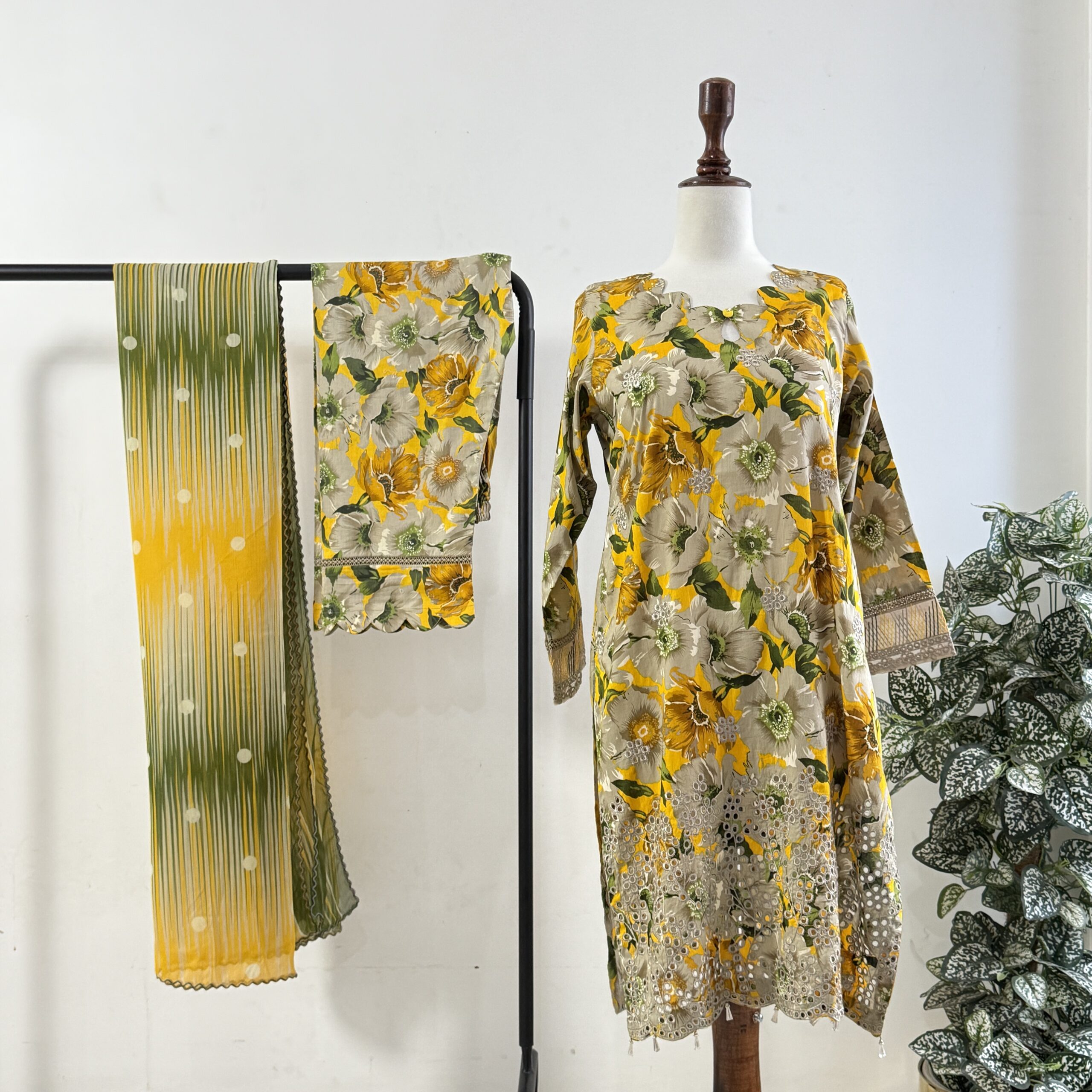Yellow Printed Chikankari 3-PIECE- LAWN STITCHED SUIT