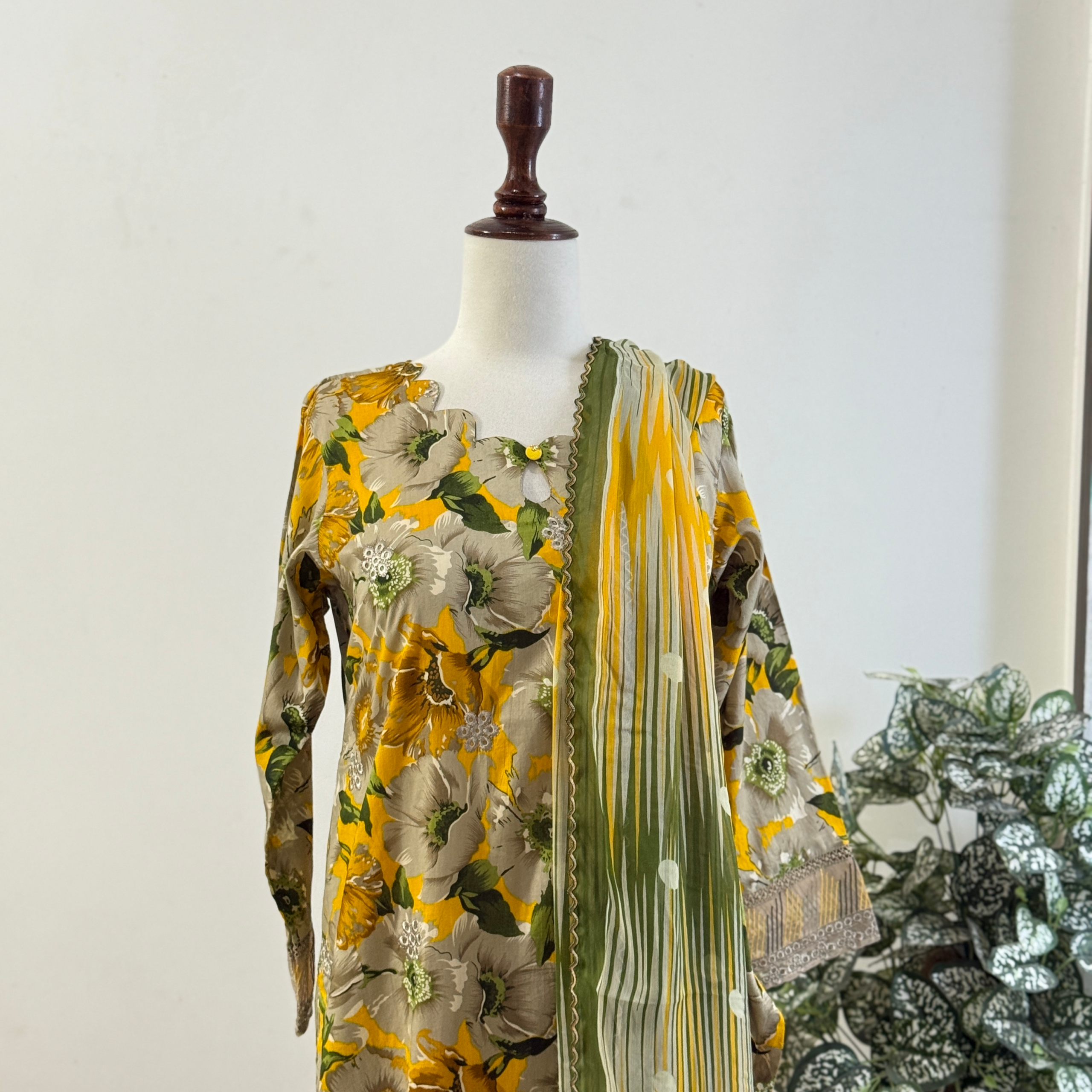 Yellow Printed Chikankari 3-PIECE- LAWN STITCHED SUIT