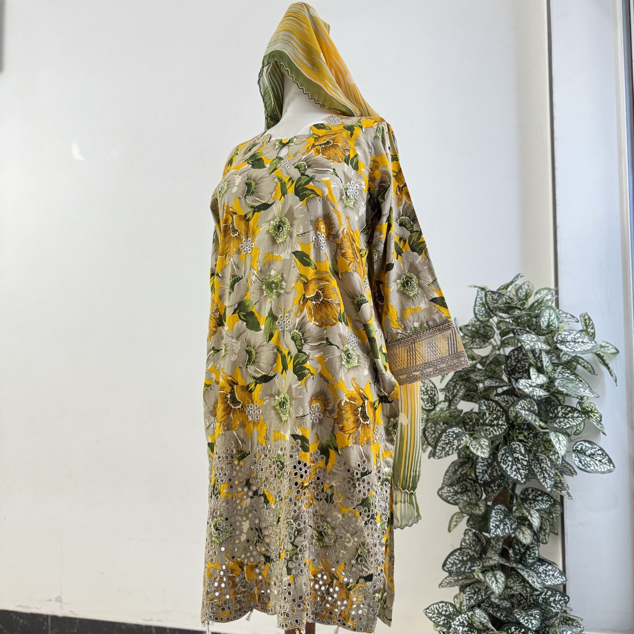 Yellow Printed Chikankari 3-PIECE- LAWN STITCHED SUIT