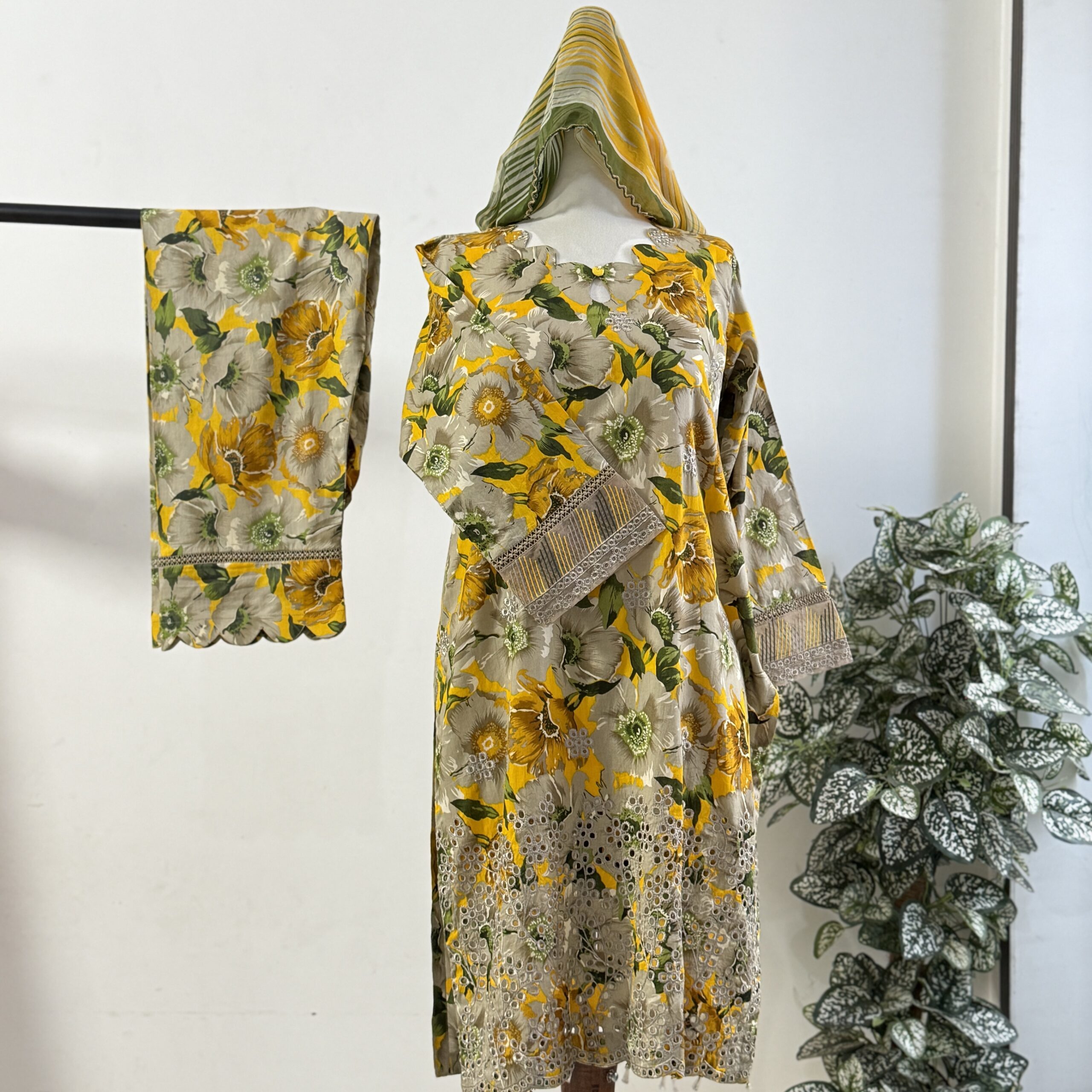 Yellow Printed Chikankari 3-PIECE- LAWN STITCHED SUIT